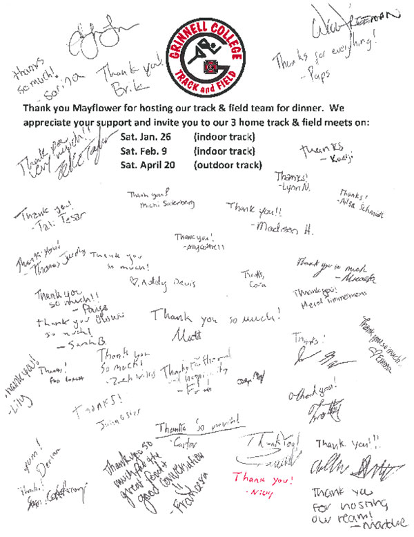 Grinnell College Tracksters thank you letter