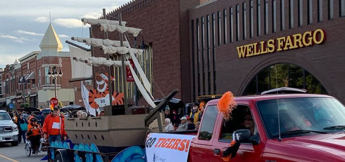 Mayflower Ship float being pulled by Lyle and Carolyn Roudabush in the GHS Homecoming Parade