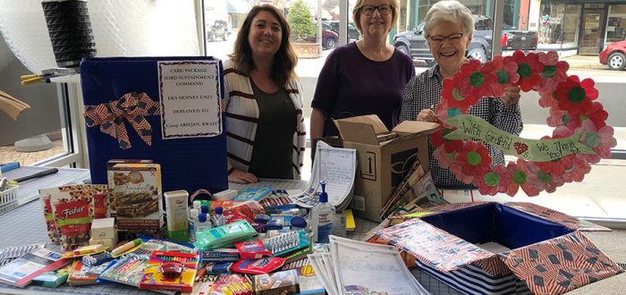 Total Choice supports Mayflower Community's care package program for military members. Alicia Blankenfeld, Barb Lease, Sis Vogel.