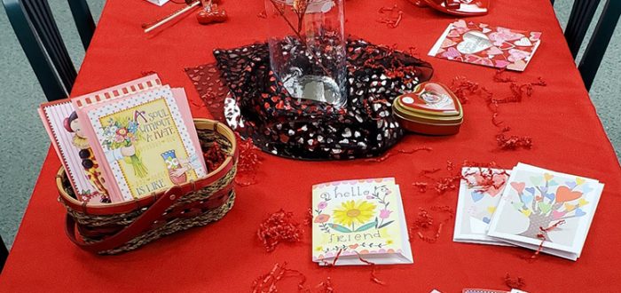 Valentines Day themed table at the Mayflower Mini-Gift Shop