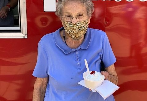 Sandy Beyer enjoying a 95th birthday sundae