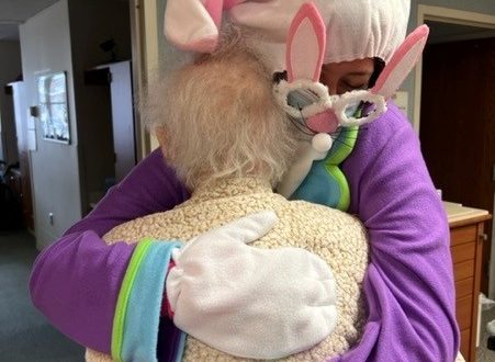 Jessica Hasenyager, Easter Bunny, hugging Katie Hoisinton