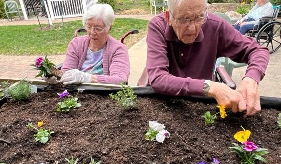 Wilma and Luther planting flowers